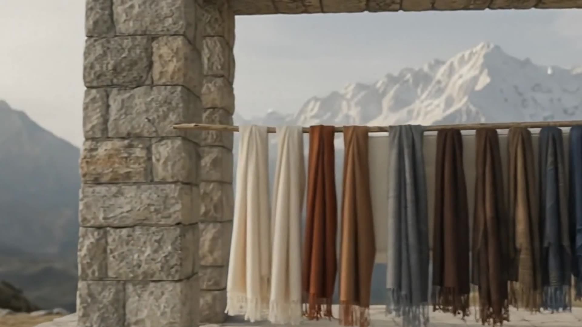 Scarves in natural tones hung on a stone frame before snow-capped mountains